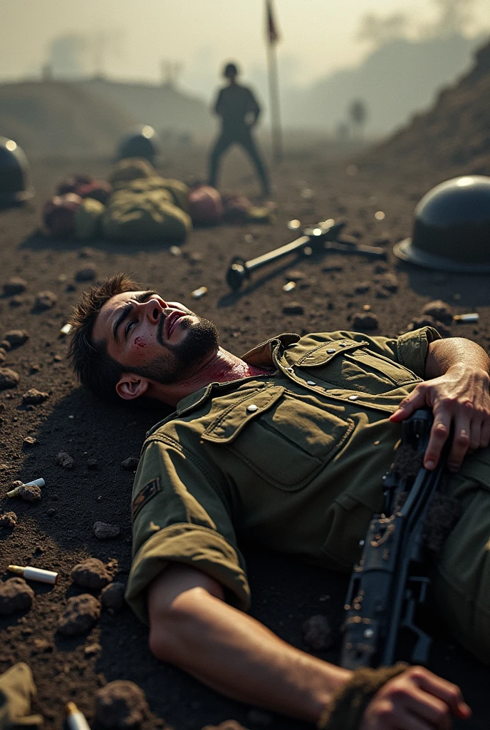 A view of upward of an wounded bloody soldier lying on grass. He's shot in his chest and his eyes are slightly open
The atmosphere around him is pleasant and beautiful, some soldiers are standing far away on a hill looking out for any danger