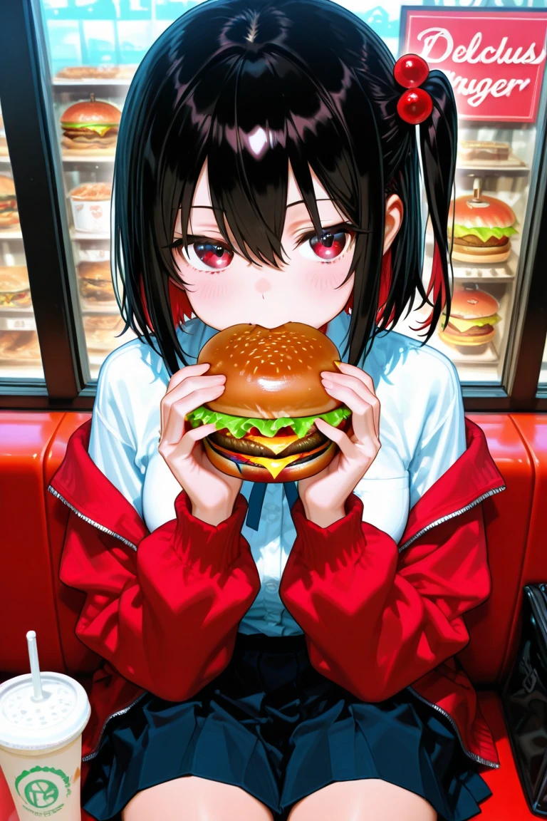 ((junkotvv black hair with bangs and cat ears, Red eyes)), )High school girl eating kfc burger wearing kfc print t-shirt, holding a KFC burger in one hand and KFC fries in the other