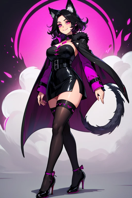 female wearing fur lined lingerie, has rainbow hair, fair skin, wearing thigh high fishnet stockings, wearing fur lined sheer robe