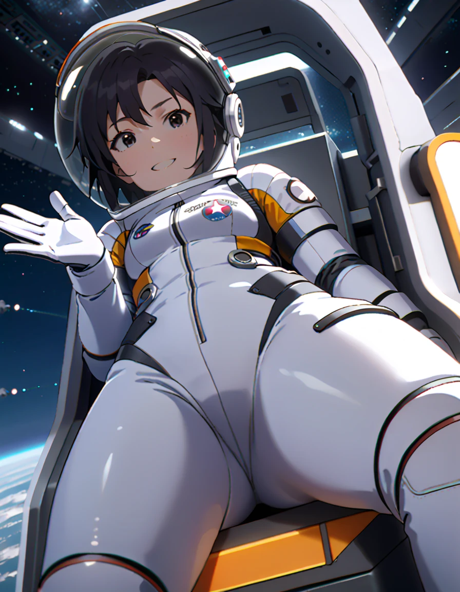 Big butt astronaut, with huge breast and a narrow waist in outer space
