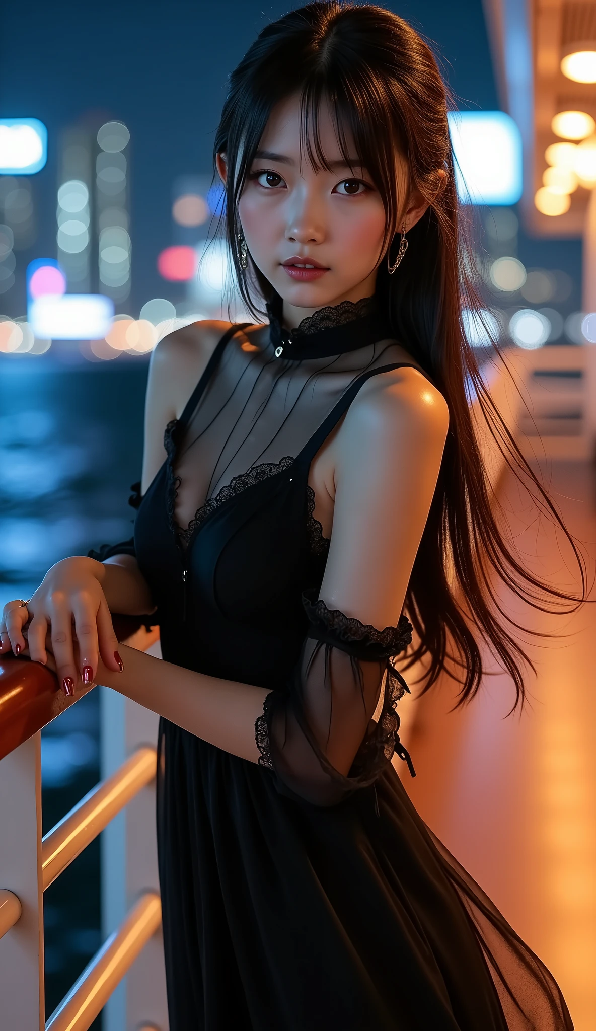 (( full body shot from the front:1.5))、(Petite Young Japanese Woman)、Midsummer Night、Marine cruiser deck、You can see the night view of Tokyo buildings and Skytree on the other side of the ocean、((I'm posing looking at the camera with a deck railing on my back))、Building lights and neon lights、((black sleeveless long dress with ruffles on the collar and sleeves))、((The garment is made of sheer material and chiffon))、((The hem of the skirt flutters big in the wind))、Black High Heels、piercings、white skin、with beautiful dark hair、Straight long hair that extends to the waist、light makeup、(dynamic pose:1.4)、(Beautiful huge breasts)、Accurate depiction of hands and feet、RAW pictures、16K、Reality、professional photography techniques、Ultra High Definition、16K、Real Photo