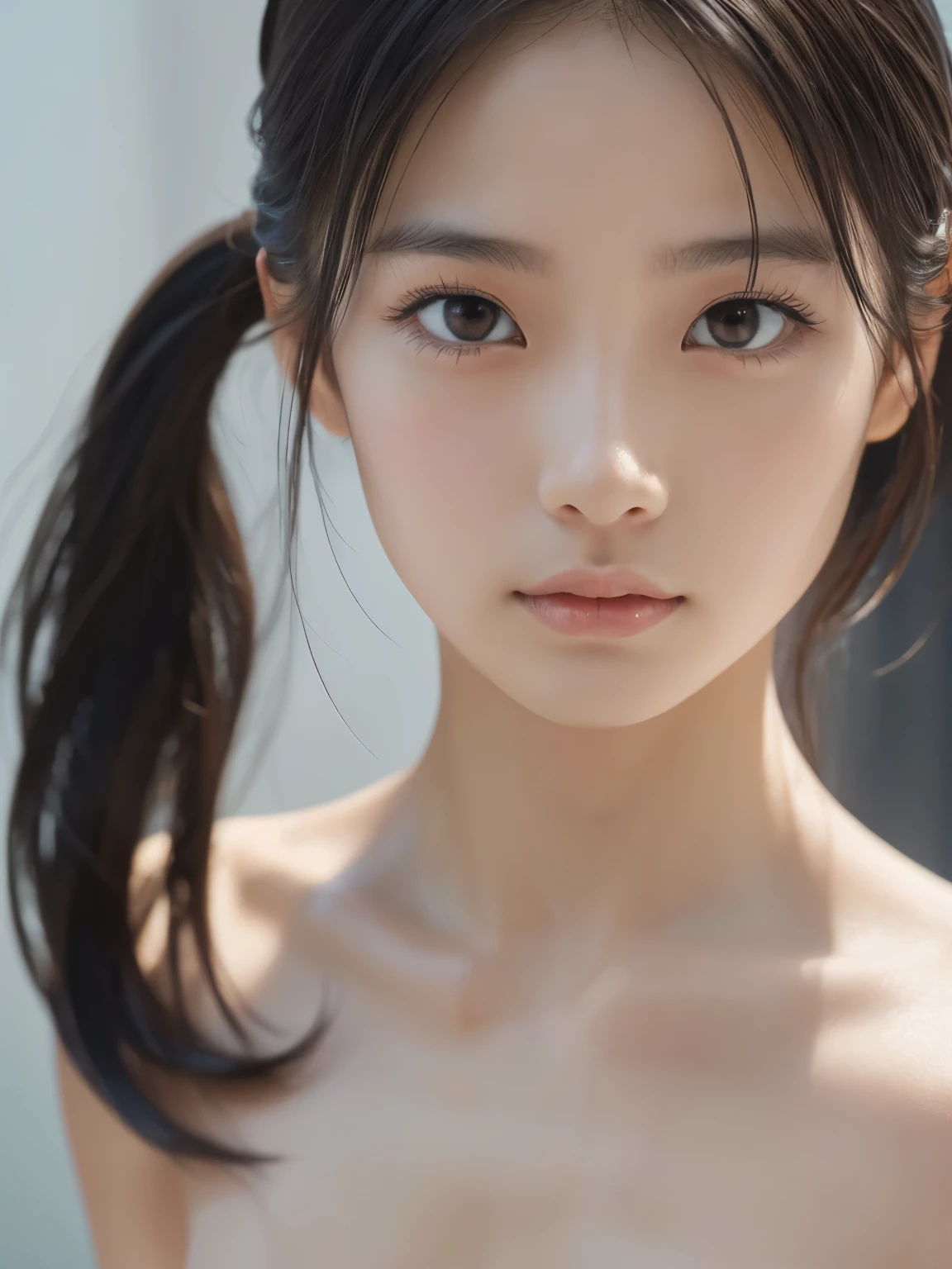 (topless:1.7), NSFW, Sporty Girl, Dynamic Pictures , Black Hair, Long Hair, ponytail, bangs, Thready hairstyle/hair, Expressive Hair , Droopy eyes, Sad Eyes , Light-pigmented eyes, Drooping eyebrows, high definition, masterpiece, accurate, is anatomically correct, has won numerous awards, 最 high quality, high definition model, high detail, high quality, RETINA, textured skin , Ultra High Definition, very detailed, RAW Photos, 16k, 8k