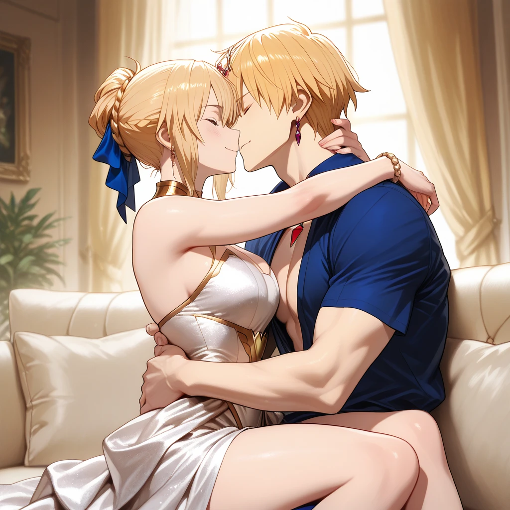 ((Highest quality)), ((masterpiece)), (detailed), （Perfect Face）、The naked man loves the woman so much that he pushes her down, embraces her, and has sex with her, wanting everything she has, and the woman happily accepts him, taking his dick and a huge load of semen into her pussy.、The woman is a Korean woman named Tsukino Usagi, and in a luxurious Korean mansion, she is wearing a gorgeous and glittering traditional Korean dress called a hanbok, a gorgeous hair ornament, gorgeous jeweled accessories, and an engagement ring. The woman and the man are having sex on a gorgeous, large bed in a luxurious room, with the woman having sex with a dignified and sturdy middle-aged Korean man wearing a hanbok.、The woman is the elegant Tsukino Usagi, a Korean woman with long blonde hair in a chignon twin tail, wearing the traditional Korean dress, Chima Chogori.、The man is a dignified, sturdy middle-aged Korean man wearing the traditional Korean dress, Hanbok.