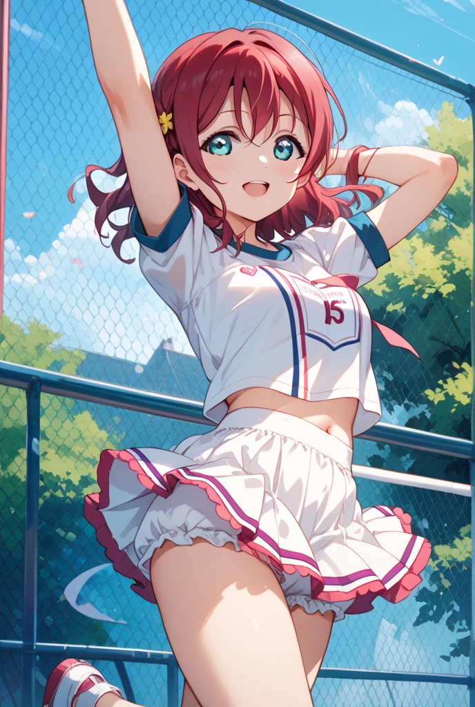 absurdres, highres,
BREAK
looking at viewer, cowboy shot, from front, from above
BREAK
(vivid-color:1.3)
BREAK
(one girl :1.3), (loli:1.2),red hair, blue eyes, tennis uniform, hairclip, earrings, jewelry, nm1, headphones around neck, tennis cosplay, (dark pleated super short skirt:1.4), (thighs:1.3), (Very pretty white panties:1.2), panty pose, skirt lift, show off panties, lifted by self,large breasts, (smile face:1.3), open mouth, (breast:1.3), ass, round eyes, (blowing in the wind:0.5), sweat around girl, dripping sweat, squall (wind:1.2), sense of speed, refreshing breeze, motion blur effect, wind, (no pants visible:1.4)
BREAK
background is (tennis court:1.3), (10,000 people spectators,:1.3), multiple people behind you, blue sky with clouds, outdoors, (magnificent panorama view:1.2), wind
BREAK
sunlight, magnificent view, rainbow in the sky, light particles, dynamic angle, dutch angle, perspective
BREAK
(daytime, sunbeam:1.2), depth of field, bokeh, light leaks, (chromatic aberration:1.2), noon
BREAK