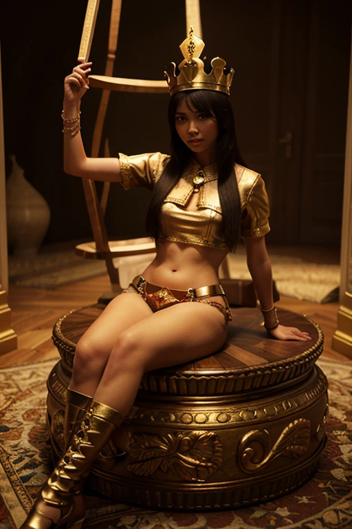 score_9,score_8_up,score_7_up,score_6_up, cartoon, 1girl, asian girl, egyptian queen, bobcut, bangs, tanned skin, small breasts, dark nipples, bridal gauntlets, circlet, egyptian clothes, head chain, golden necklace, dominant look, looking at viewer sitting in a golden egyptian throne, egyptian palace background, torch lights, spreading her legs, showing her pussy, pubic hair, very hairy pussy, ((sitting on the throne)),