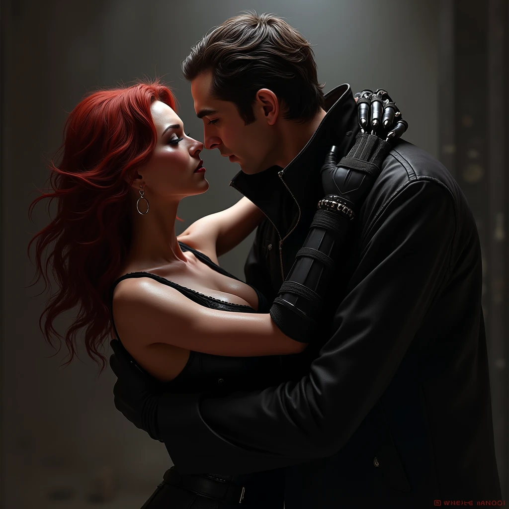 Leon Kennedy from the Resident Evil 4 video game in an airplane seat hugging a white woman with red hair, green eyes, who wears a short skirt and a crop top