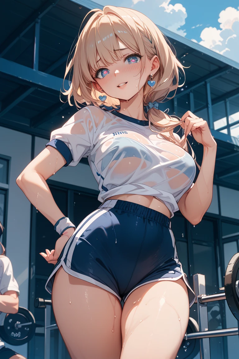 (top-quality、in 8K、32K、masterpiece、nffsw、超A high resolution、Impresionismo、Photorealsitic:1.2)、Angle from above、High angle、cowboy shot、foco nítido、detailed faces and eyes、school ground、Strong sunshine、beauitful face、blurry backround、shinny skin、Sharp pupils、Realistic pupils、 school ground、beauitful face、blurry backround、18 year old beautiful girl、shinny skin、short-hair、Platinum blonde beautiful hair、Red Eyes、(Sports Day Costume、Running:1.3)、thighs thighs thighs thighs、Curve、Dynamic Poses、Navel Ejection、wetted skin、wetting hair、Powerful composition