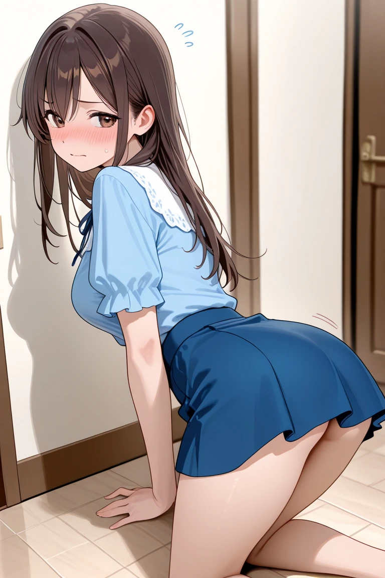 High school girl, uniform, no panty, legs up, embarrassed, elementary school boy peering in, angle from below, armpit hair, huge, breasts, toilet, panties down