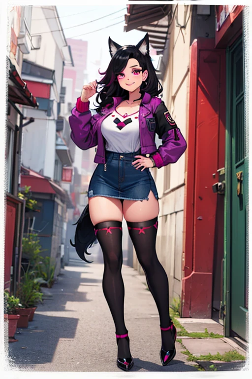 woman wearing 2000's fashion: red jacket, white crop-top, belt, tight jeans, combat boots, magenta makeup, magenta nail polish