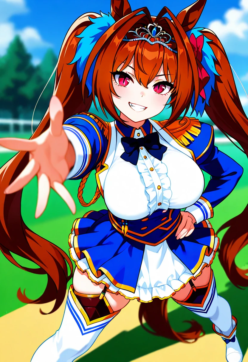 score_9, score_8_up, score_7_up, 1girl, daiwa scarlet, tiara, twintails, tumamusume, horse ears, horse tail, white bodysuit, bent slightly, large squirt trail, spewing liquid from crotch, squirting through clothes, eyes crossed, pleasure face, in public, hands behind head, tongue out