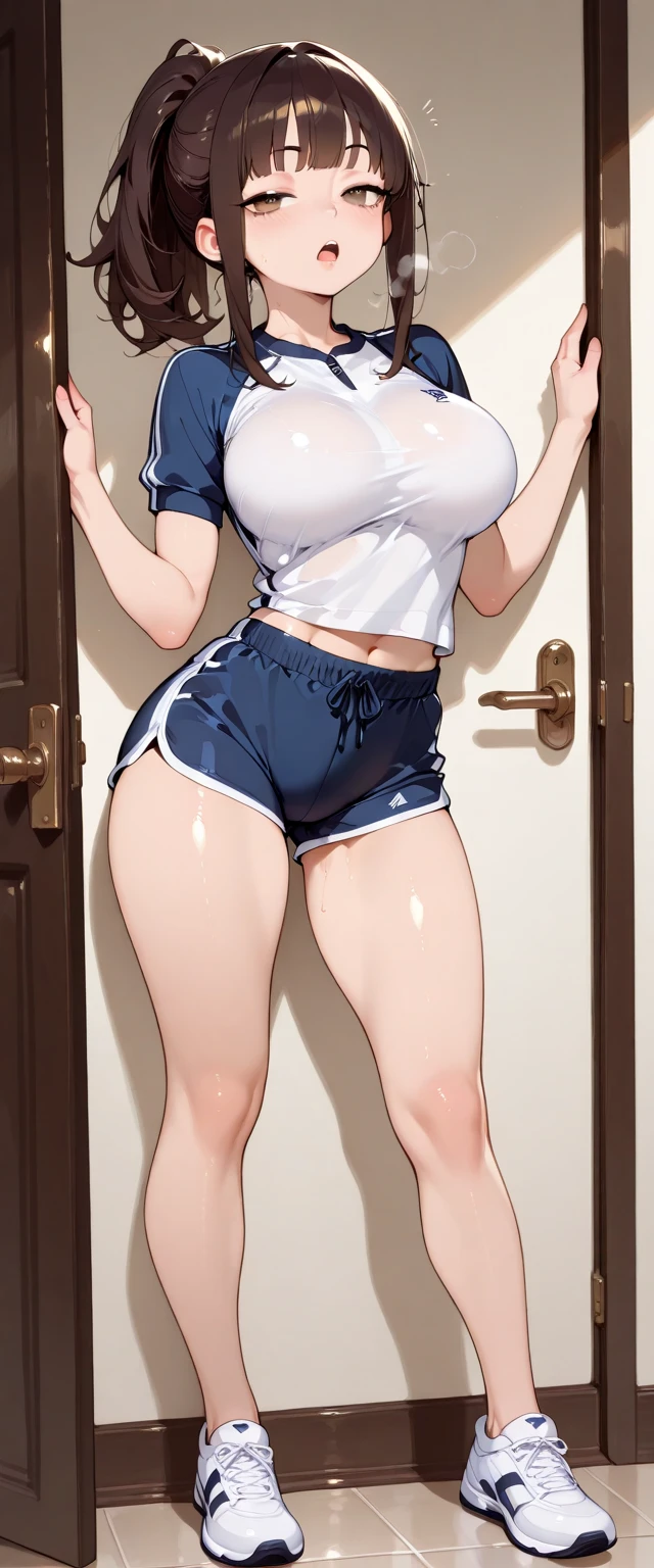 (((完美figure,figure,solo, White and tender skin,(((Cyberpunk,short sleeves, dolphin shorts, t-shirt, pink shorts, white shirt, , ))),(((MiaChadef, long hair, blonde hair, brown eyes,,))),((masterpiece)),high resolution, ((Best quality at best)),masterpiece,quality,Best quality,((( Exquisite facial features,Looking at the audience,There is light in the eyes,(((lol,Happy,))),))),(((Light and shadow,Huge breasts))),(((Looking at the camera,White background,Lying on the ground,Look down at the camera,From below,Looking up))))