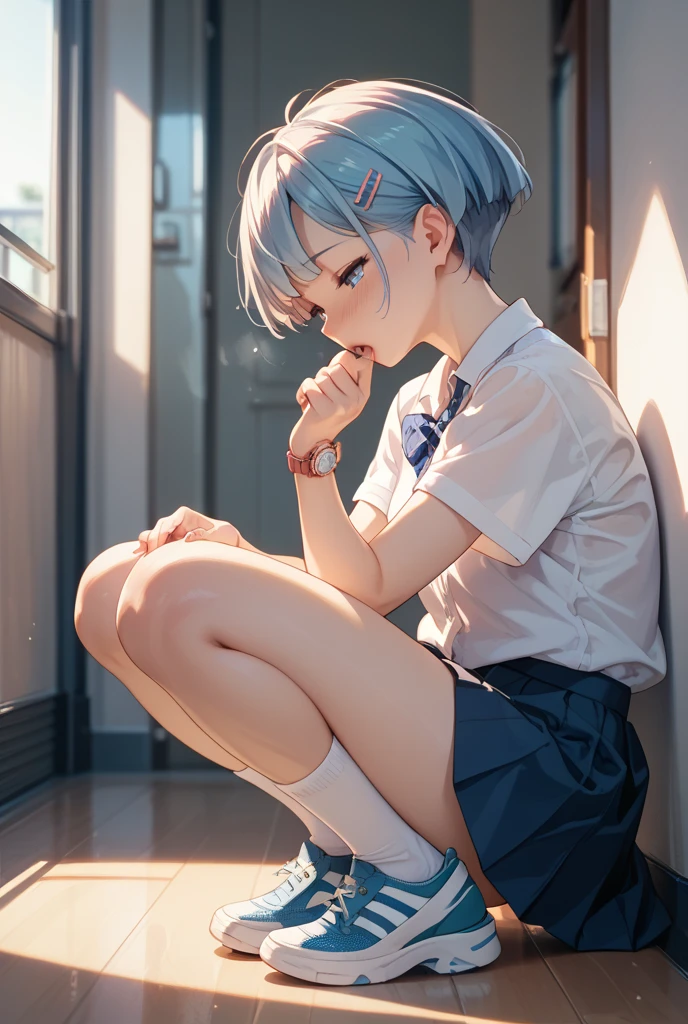 Realistic, Lip gloss, Realistic, Highest quality, Ultra-high resolution, depth, pastel colour, Natural Shadows, Focus on the face, Just a face, Looking at the audience, Short Hair, Blue Hair, Blue and narrow eyes, (masterpiece, Highest quality), 1 Girl, alone, from the front,
(shut up), smile, Part your lips,
Shiny skin, Thick thighs, White panties,
, Serap, Pleated skirt, loafers, loose socks, squat, indoor, Looking at the audience, Anatomically correct