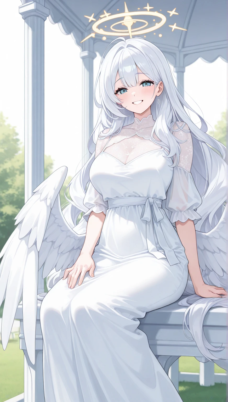 A 20-year-old female angel with long, white hair, yellow eyes, white cat ears, and large white angel wings. yellow halo ring round white glasses Sexy white, leg length evening dress. Stand and look down, hand touching lips.