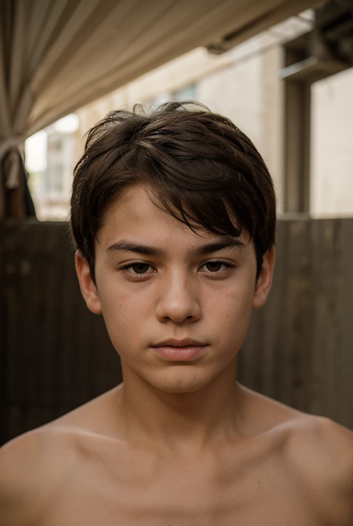 Sensual photo of a , unruly hair, Light brown eyes, He is in a backyard in the favela , he is naked, He is looking sensually at the camera, homem gay sensual ,  big thick penis filled with semen, ejaculating very completely dirty, gorgeous penis ,  15 years old, Show Penis 