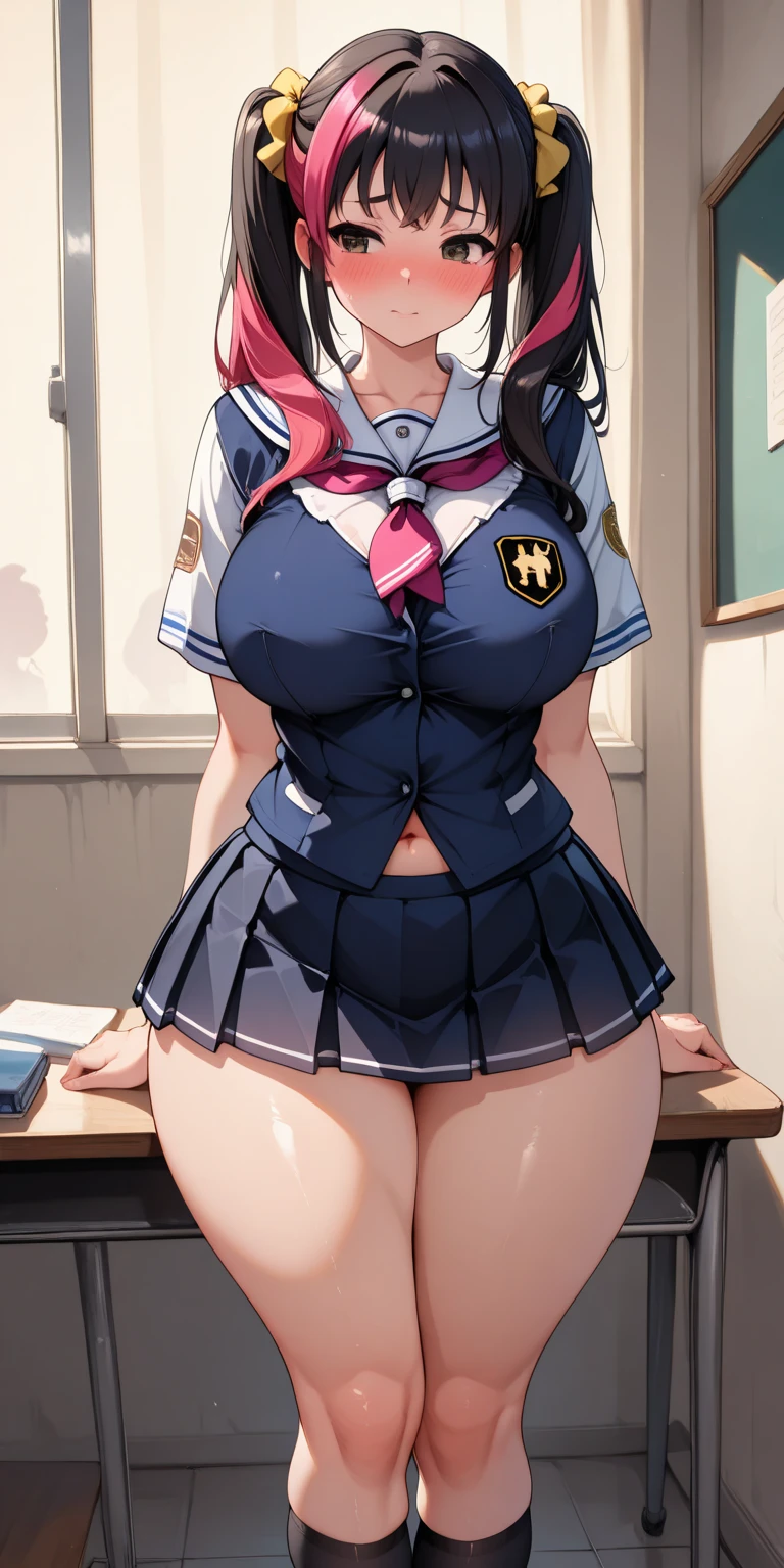 Hot student in uniform in the classroom, Glasses, Braided hair, Wet big breasts, Cleavage, Beautiful legs, Depth of written boundary, Cinema Lighting, Anatomically correct, Attention to detail, Hmph