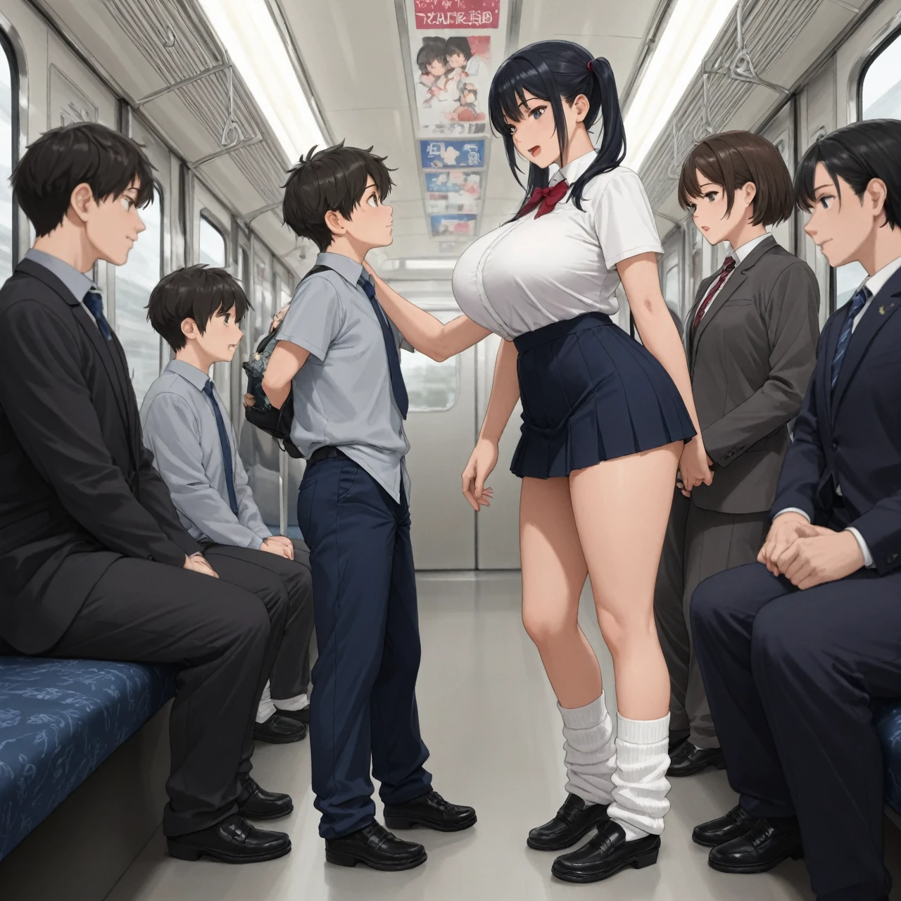 masterpiece, Highest quality, 1 person,( Large Breasts,Are standing, View your audience,),Detailed Background、A person who writes in detail、Accurate human body、Knowledgeable person、Accurate 5 fingers,Mature Woman,Thighsが太い,Cruby Body, konami,,wrist above head,cyclone \(for once\),Long sleeve、Thighs、alone,((green jacket, gloves, green shorts,green footwear)),((zettairyouiki)),,TranT, (train interior), netorare, chikan, grabbing, hetero, pussy juices, molestation, public indecency, public use,faceless male fingering, 2boys, faceless male, assisted exposure,
