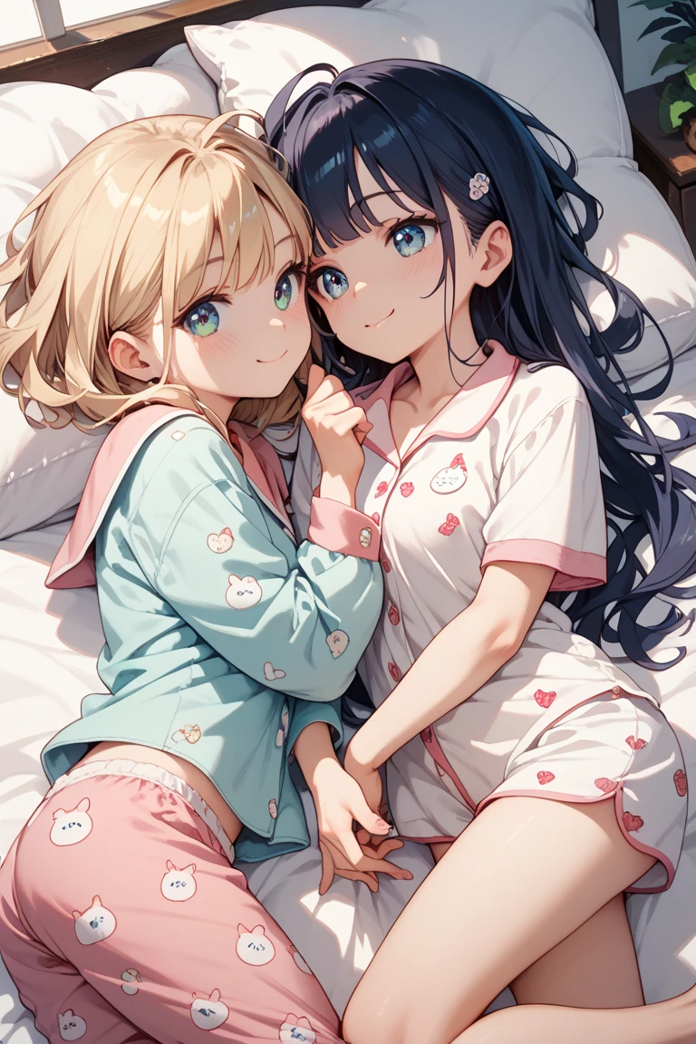 an adult girl, Blonde, blue eyes, loose hair, lying in her bed with a somewhat sick face, in pink full body pajamas, There is an adult boy next to her sitting on the bed to take care of her., black hair, black eyes