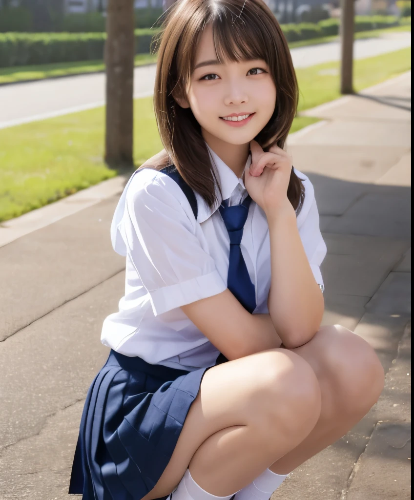 ((top-quality、8K、masterpiece:1.3))、Realistic young sensual idol、Japan Person Model、Realistic young cute idol、Realistic young busty idol、Sophisticated idol、A smile、Move the center of gravity back、Put your hands forward from your feet、Put your feet in a ring of hands、pretty embarrassing、witheout panties、Thin leg、tight skirts、90 degree knees、heels on the ground、hands in front of feet、Hugging legs、Knelt、walkway、RAW Photography、8K、top-quality、 超A high resolution、Beautiful face in every detail、Realistic human skin、Gentle expression、front-facing view、angle from bellow、length hair、realisitic、Photorealsitic、cute little、a short skirt、Squatting deep in the city、cute school girl、Japan schoolgirl wearing uniform、surreal high school girl、full bodyesbian、
