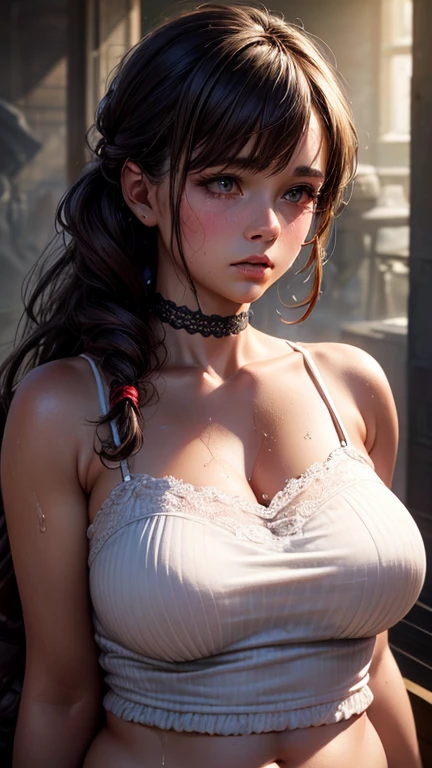 a woman in her late 30s, chubby physique, long straight dark brown hair, freckles, flushed cheeks, wearing a choker, large breasts, curvy figure, fitted white tank top, small purple lycra shorts, (best quality,4k,8k,highres,masterpiece:1.2),ultra-detailed,(realistic,photorealistic,photo-realistic:1.37),detailed portrait, cinematic lighting, natural skin texture, intricate details, dramatic colors, elegant fashion, moody atmosphere
