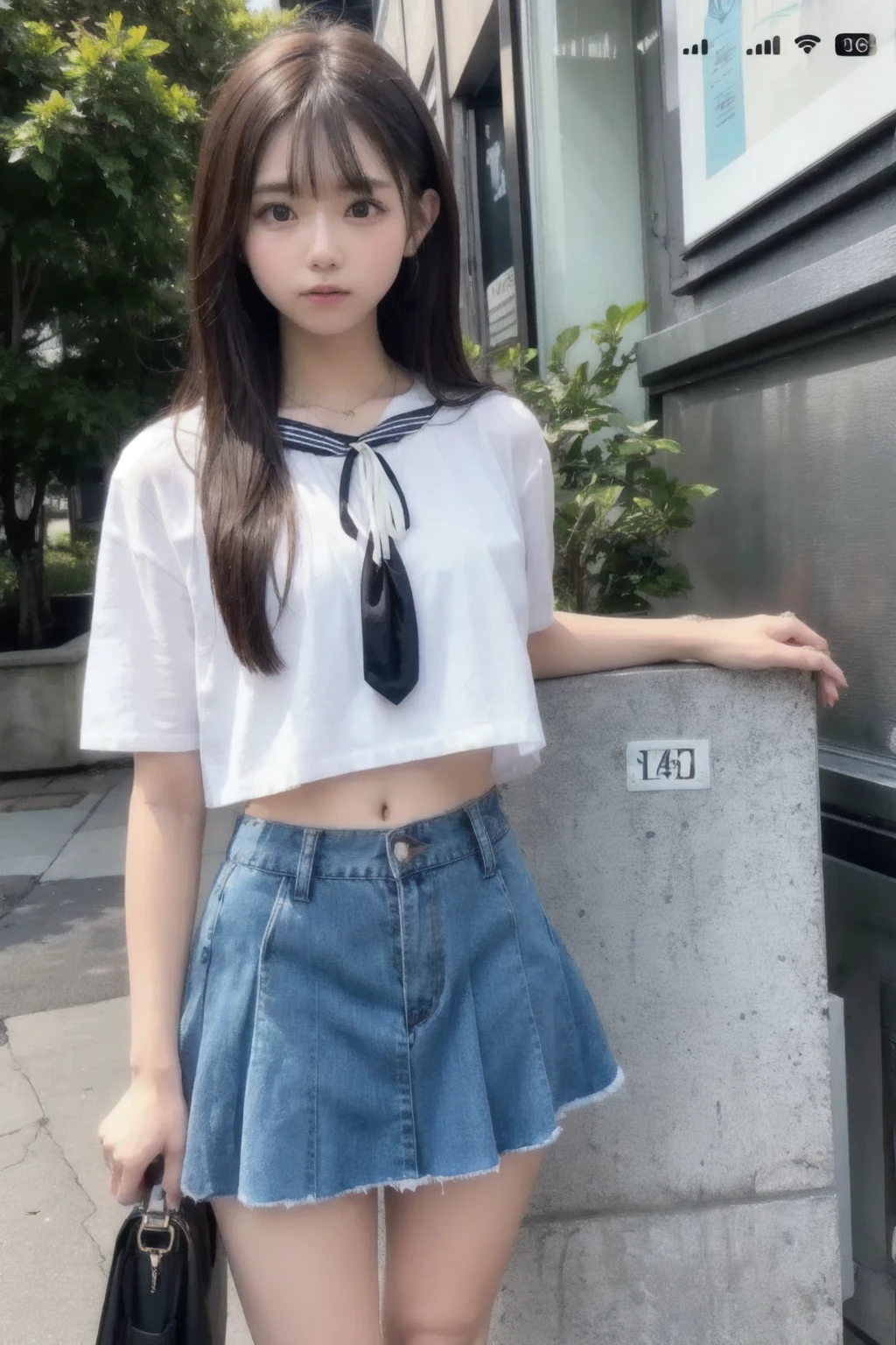 Realistic, High resolution, 1 Girl, White Wavy Hair, Korean, heterochromatic eyes, Small mole under eye, Loose white shirt, Skinny denim shorts, Large Breasts, Thighs, A masterpiece where you can see the underwear, realism