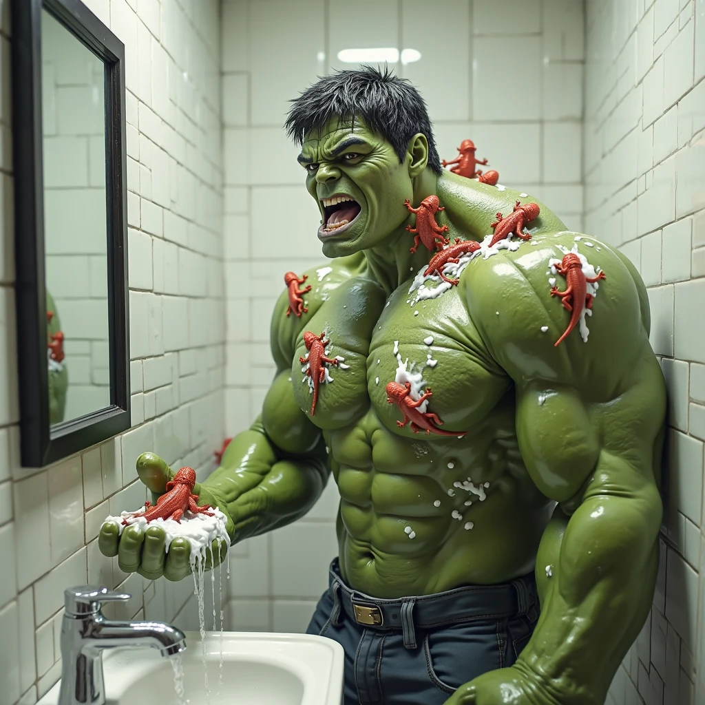 Hulk in a bathroom in the middle of a desert screaming "shut up man" while he is drinking coke and on the roof there is a tiny bat
