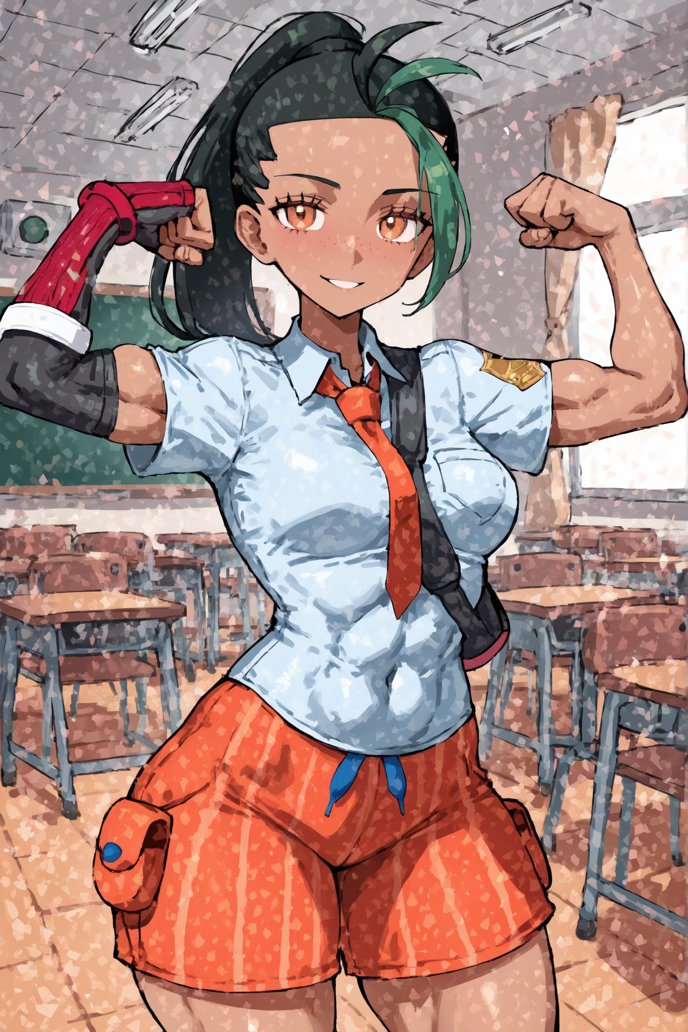 a women, alone, Nemona from Pokémon, tight body, tall, fit body, toned body, lean legs, tight hips, small hips, dressed with a school uniform, beautiful face, beautiful eyes, in front a classroom, flexing her bicep, masterpiece, 8k, best quality
