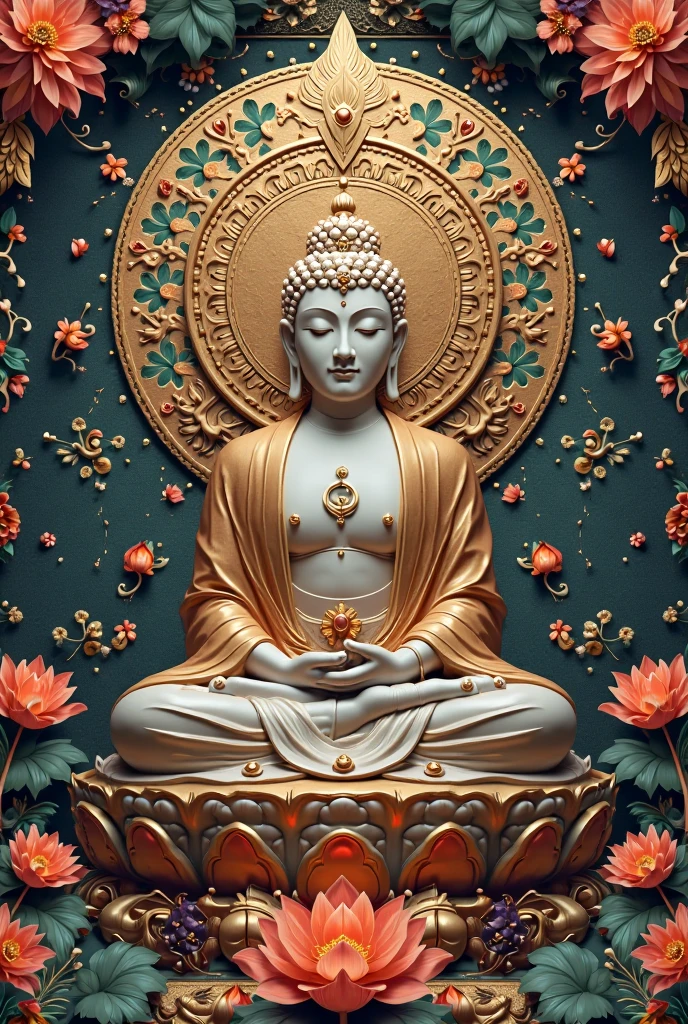 A T-shirt featuring a complex and eye-catching design inspired by Buddhist art. The shirt displays a prominent image of a meditating Buddha, surrounded by detailed mandala patterns. The design includes intricate floral motifs, such as lotus flowers, along with small, ornate patterns that add texture and depth. The color palette is rich, using deep golds, reds, and blues, with metallic highlights to enhance the visual appeal. The overall design is elaborate, combining spiritual symbols with artistic detailing to create a striking and unique appearance.