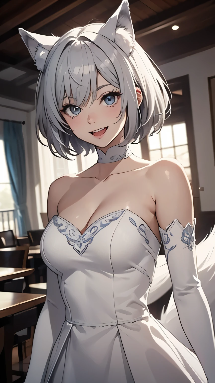 masutepiece The highest image quality Super vivid portlate One lady((Adults)) white long glove lunch)(gloves)) white stocking lanche)(Stockings)) weddingdress(Tube Top) cheek(rot) A smile The hair(hair(short-hair)(Wave) White hair Eye color is blue Wolf ears Background with(chies) is standing