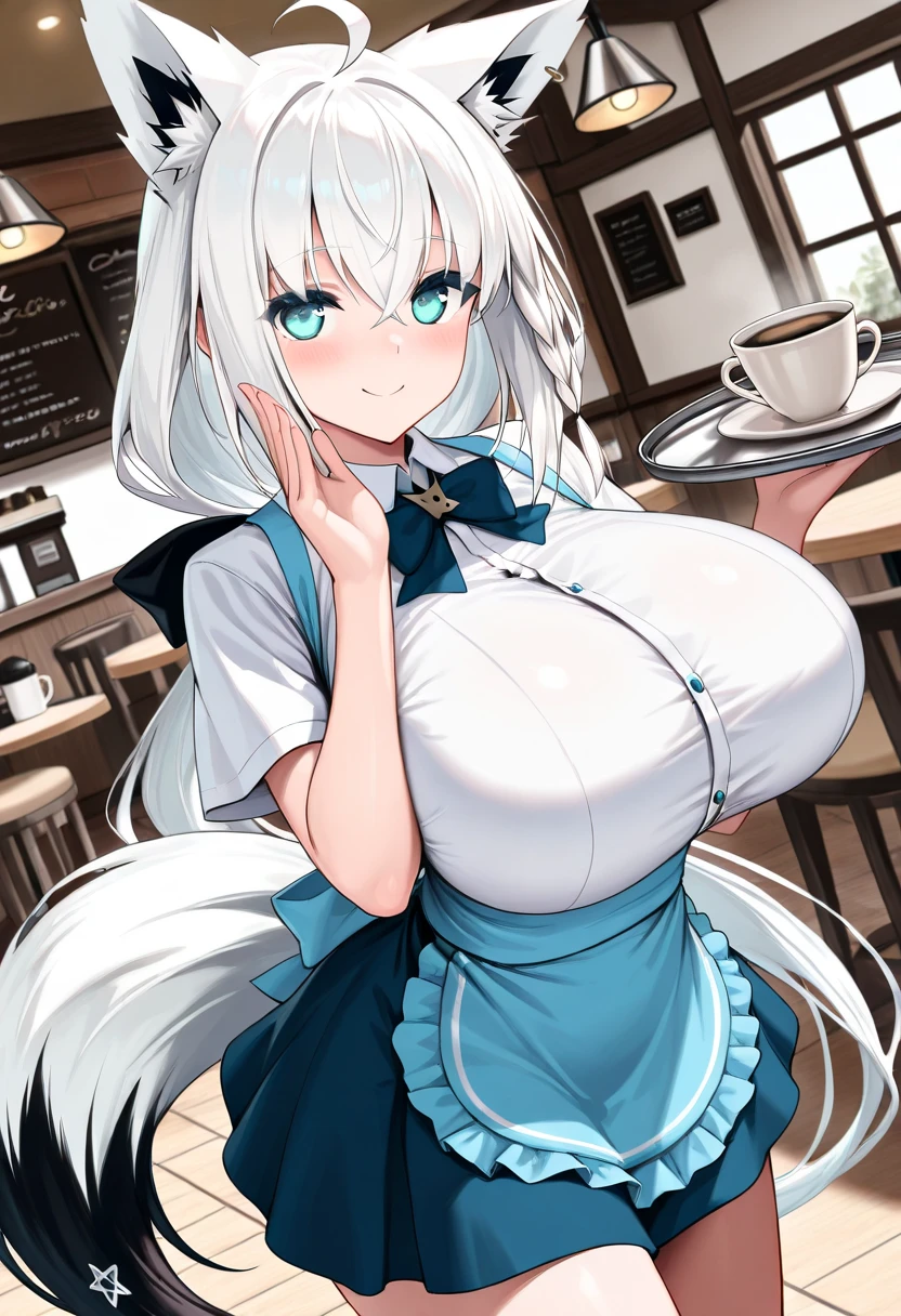 best quality, best resolution, solo, (fluffy anthro furry), arctic fox woman, 30 years old, silver hair, long straight hair, blue eyes, (white fur), big breast, sophisticated manner, (wearing nothing but a green apron, nametag), coffee shop, shamelessly embarrassed 