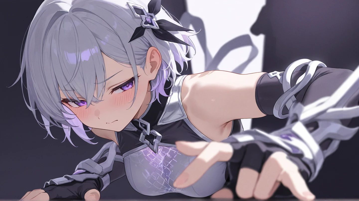 small Greek boy with long white hair, violet eyes, chained to his arms and neck with torn and dirty clothes, having his face touched by an unknown female hand