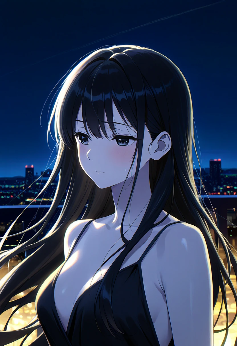 tohsaka rin blue eyes:1.7), ((black hair), (medium-sized breast:1.2), looking down at a beautiful Tokyo nightscape, BREAK collarbone, very ((low-cut white summer dress)), bare arms, bare shoulders, bare legs, twenty-year old woman BREAK looking at viewer, BREAK outdoors, standing on a building watching the city at night, BREAK (masterpiece:1.2), best quality, high resolution, unity 8k wallpaper, (illustration:0.8), (beautiful detailed eyes:1.6), extremely detailed face, perfect lighting, extremely detailed CG, (perfect hands, perfect anatomy), full body shot