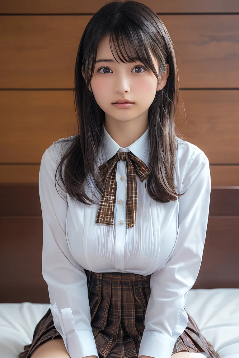 ultra highres,(reality: 1.4),highest quality, masterpiece, high detail, 16K quality, beautiful, 1 beautiful girl,japanese,super beautiful face,baby face,japanese idol face,cute face,hyper detailed face,detailed hand,beautiful skin,glossy skin,big eyes,big smile,profeccional lighting,face light,(sitting with knee up),((spread legs)),checked skirt,skirt lift,(((show off panties))),((white panties)),white shirt,open shirt,medium breasts,medium hair, black hair,brown beautiful eyes, nsfw,she is looking at the camera,classroom,