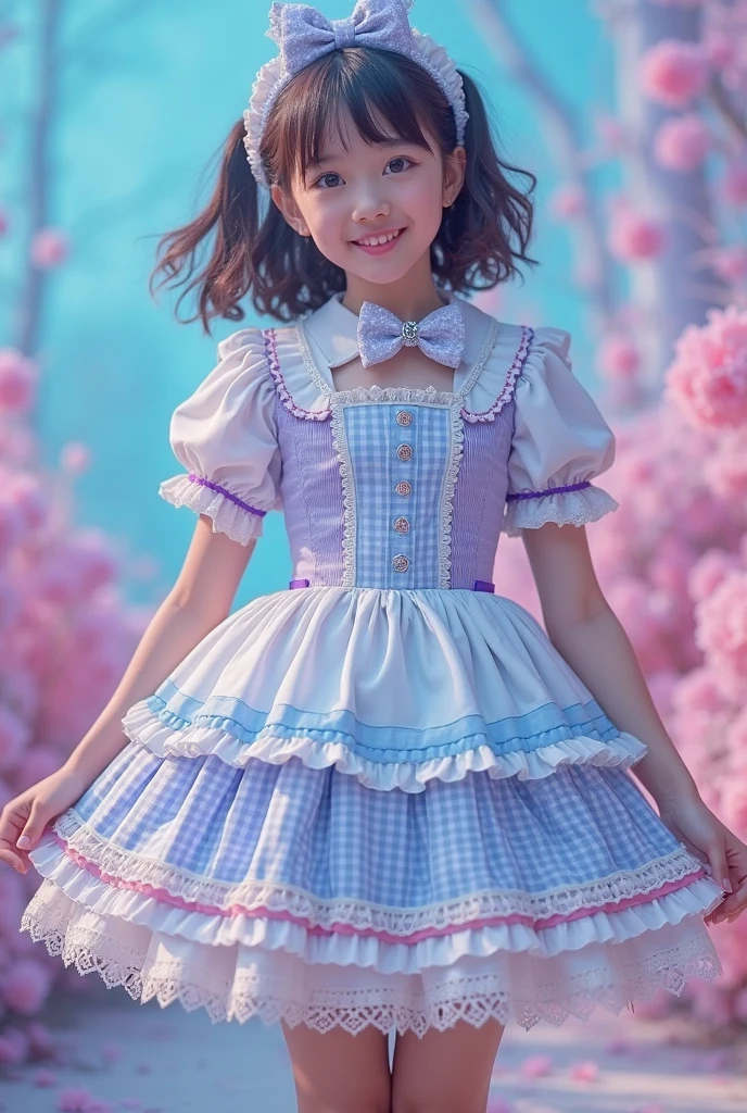 Best picture quality, adorable  5 year o light blue dress, white apron, white tights and shoes with black belt,  dressed as Alice in Wonderland, holding a pear in her right hand, smiling very happily, amazingly large round shiny eyes, long eyelashes, chestnut hair, friendly and bright smile, park with small pink screw flowers blooming,