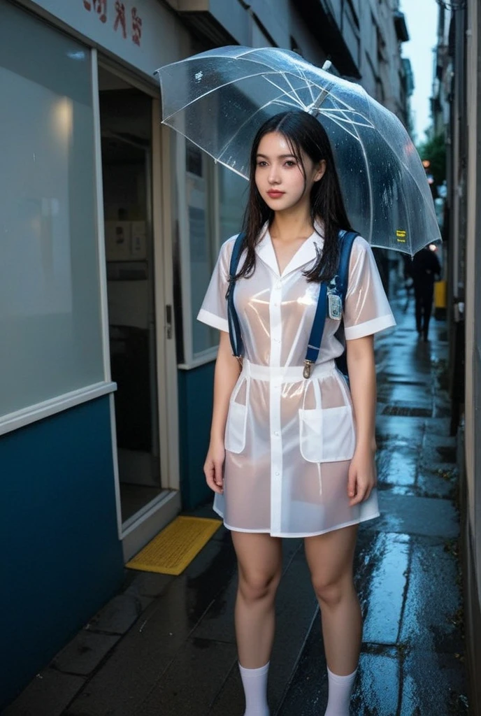masterpiece, absurd, Ultra-high resolution,(Photo-realistic:1.4),1 girl,laughing out loud, No.18,Medium breasts,Brown medium-length hair, ((Heavy rain, FOG, wet, see through)),(Blue High School,nounderwear),School entrance,A woman holding an adult toy, Squirming under Tobikko's remote control,The crotch is dripping with intoxicating, which is coating the underwear and inner thighs.She blushed and looked at me.,underwear,city View,