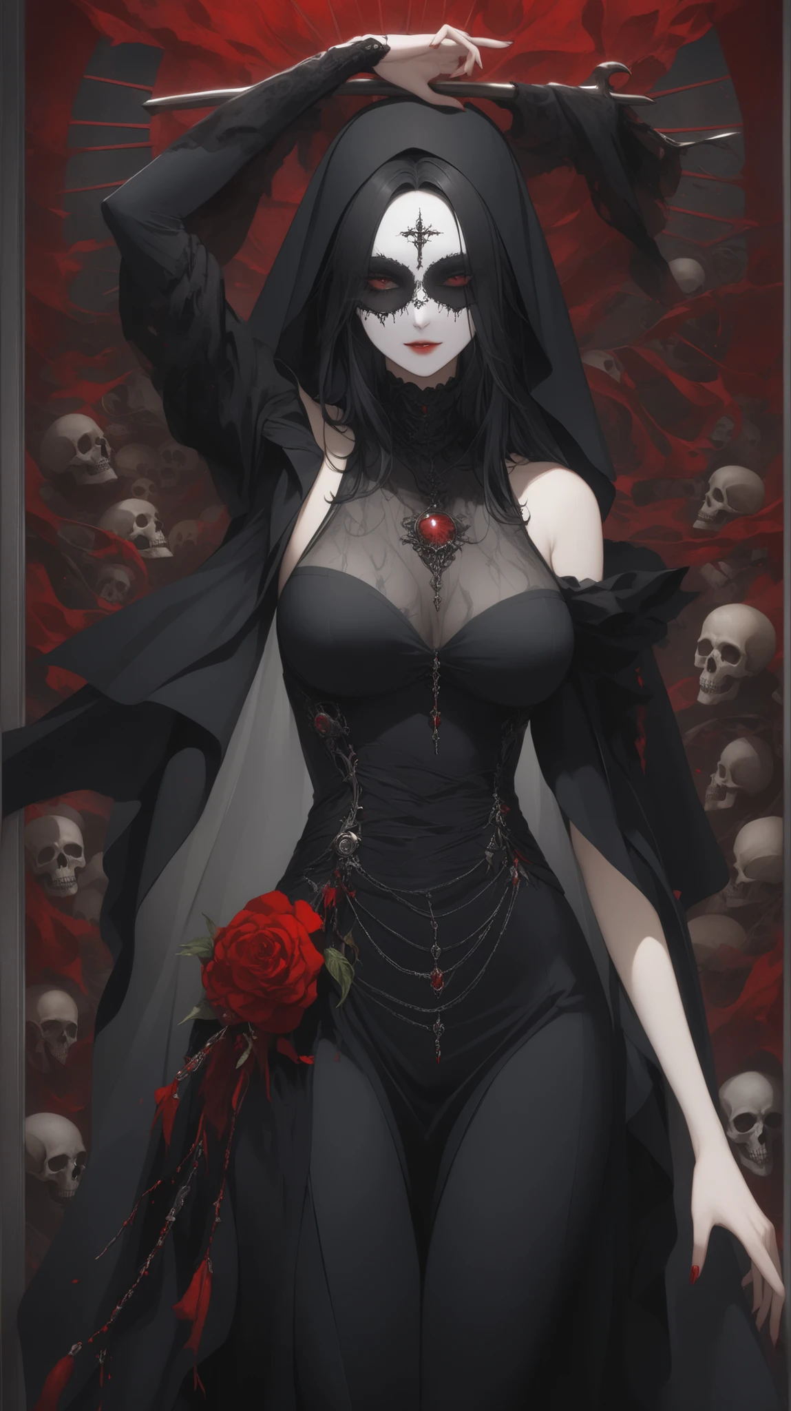 A beautiful goddess with very long black hair and large breasts in a luxurious black kimono with red spider lilies and white skeletons.