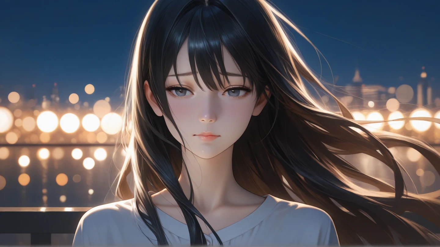 Anime girl looking up at long black hair and blue eyes, Seductive Anime Girl, charming anime girls, soft anime illustration, unknown artstyle, semirealistic anime style, painted in anime painter studio, Smooth Anime CG Art, made with anime painter studio, Flat anime style shading, anime style portrait, In an anime style, realistic anime art style, Nico Robin