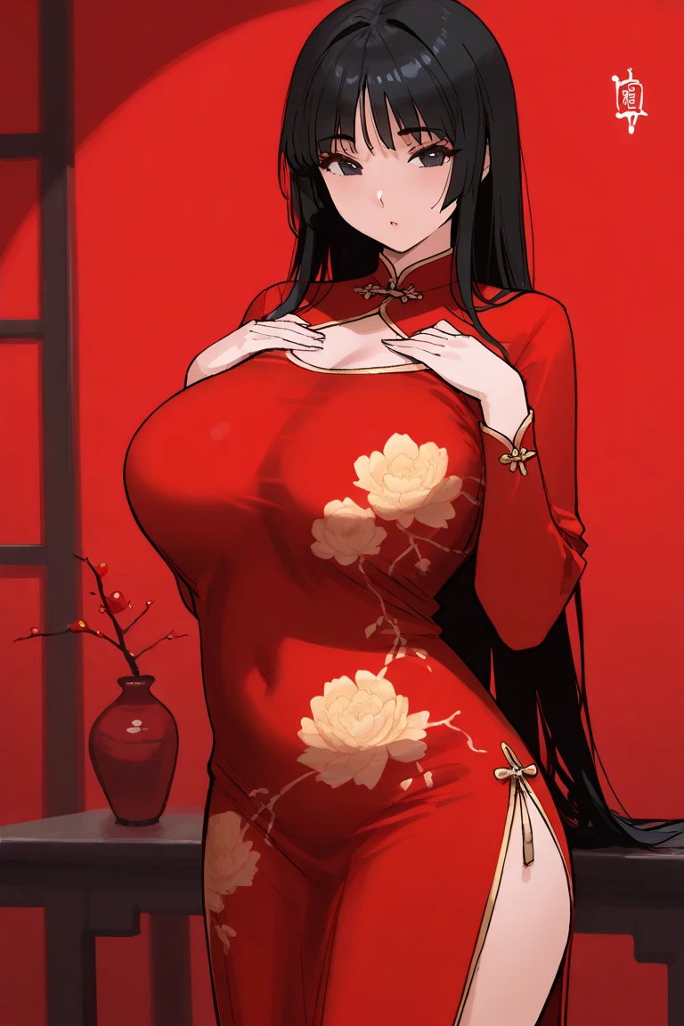 (masterpiece:1.2, Highest quality,High resolution,Very detailed),8k,wallpaper,1 female,(((Ray Tracing))),1 girl,A woman is standing,Thick thighs,front,look at me,((smile)),Beautiful cheongsam,(((Beautiful female hands,Detailed hands))),(((Heart Hands:1.5))),(((Intricate designs and patterns inspired by Asian art)))