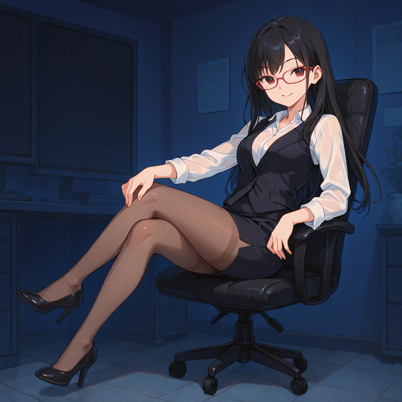(highest quality、masterpiece、Official Art、High resolution:1.2)、Highly detailed CG uniform 8K wallpaper、Clear images、Very detailed、(The only girl:1.2)、woman, 、secretary、formal, , Wearing a black suit, Black jacket,, (very long pencil skirt:1.5), Skirt and thighs、、(Super realistic black pantyhose:1.3), (square glsses:1.4), Sit at the bay window、High heels、Full Body Shot (urination:1.5)