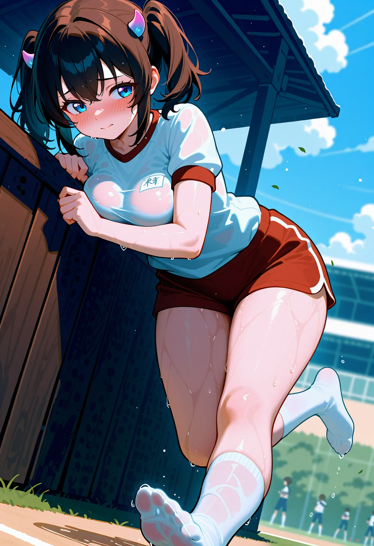 (1 person、solo), Beautiful woman, (High-definition and beautiful eyes)、(Anatomically perfect body), Slender、(White tennis wear、skirt), (sit), (Knee Up:1.1), (Look down), (extra detailed panty), (Show your crotch、Pussy juice:1.2), 18-year-old、(Highest quality)、Black Hair, (short hair)、(8k, High resolution)、(shy:1.4)、Mid-chest, (steam:1.1), (embarrassed:1.3), Glossy lips、Erect nipples、In a dark warehouse