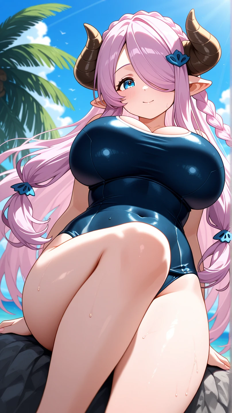 Anime illustration、highest quality、Sex Appeal、smile、Small flashy blue swimsuit、A plump gal rests at a round table at a poolside stall、Perfect proportions、Very large breasts、Fatty legs、Big Ass、Clear eyes、Blushing、Sweaty、Cowboy Shot