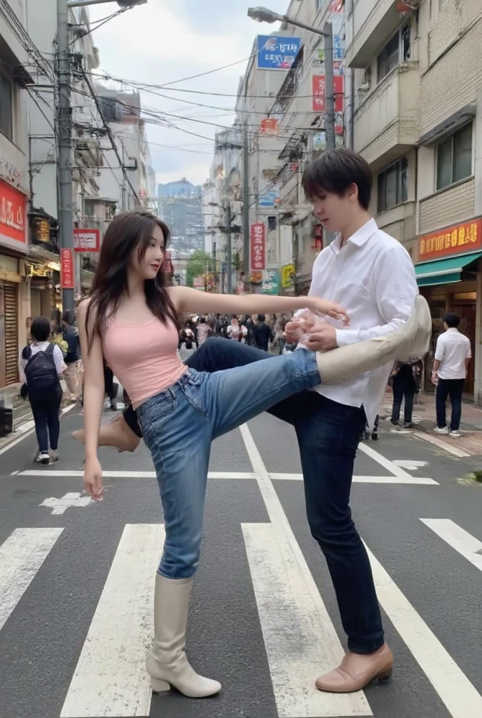a woman stepping on a man
