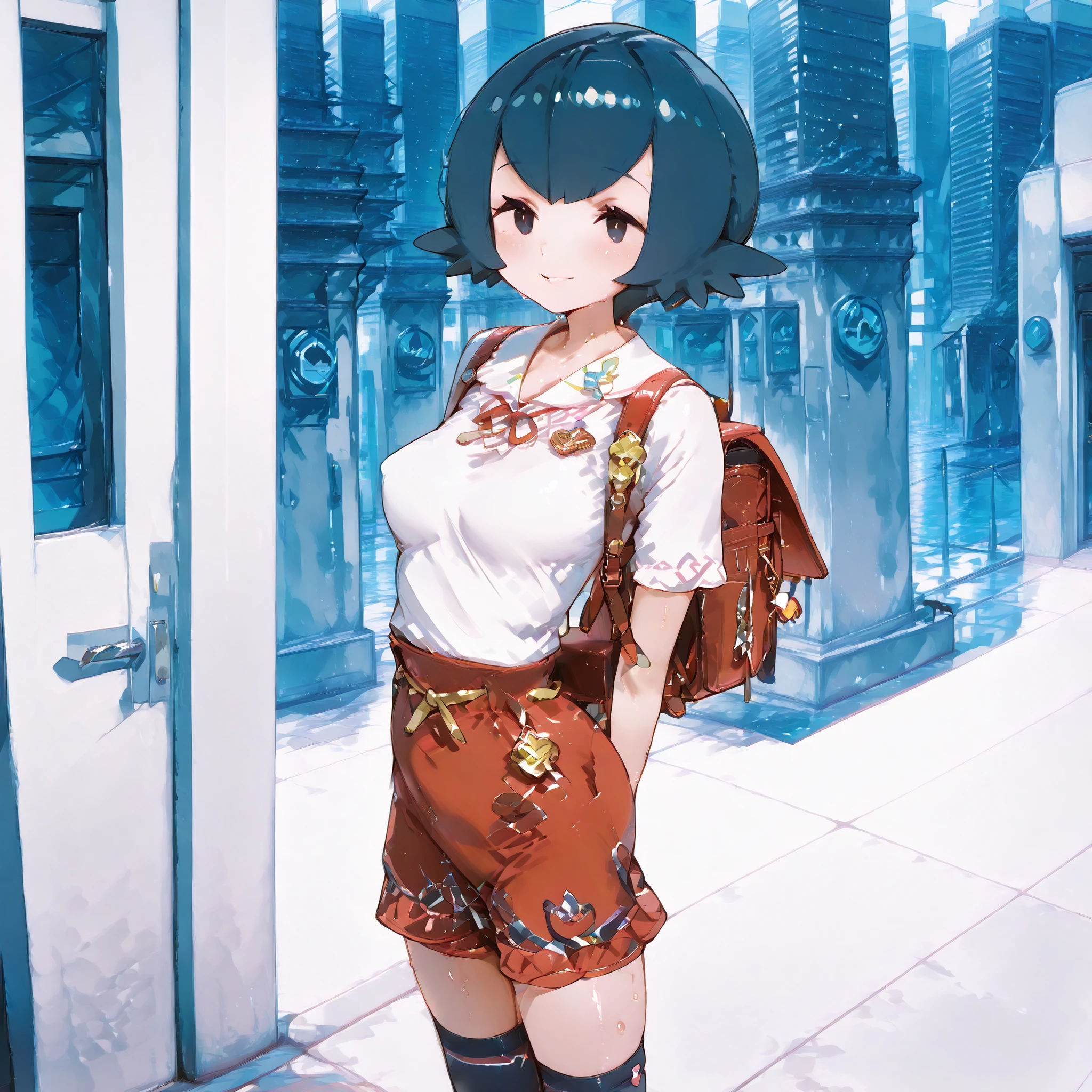 1girl, black eyes, white frill collar shirt, ,high waist skirt, ,Smile,blush,half-open eyes,medium breasts,,,Erectile Head,City,Standing,Sweating,red backpack, Viewers watching ,thigh high socks,,Interrupt