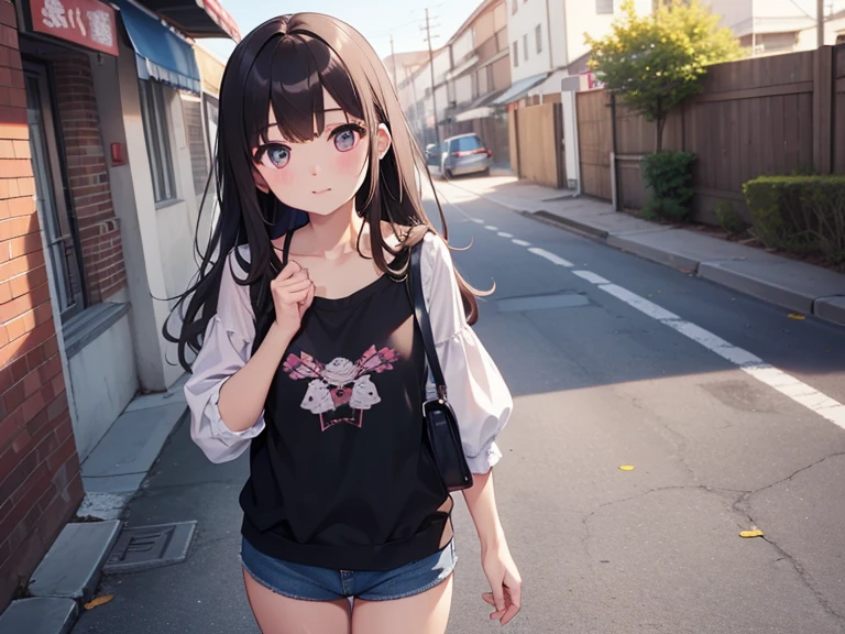 yuukikonno, Konno Yuuki, hair band, Long Hair, Pointed Ears, Purple Hair, (Red eyes:1.5), (Small breasts:1.2), blush,happy smile, smile, Open your mouth,Purple cold shoulder tops,Short sleeve,skinny pants,Stiletto heels,Heart-shaped necklace,Sunset,evening,The sun is setting,whole bodyがイラストに入るように,Looking down from above, break looking at viewer, whole body, (Cowboy Shot:1. 5),break outdoors, School,courtyard, break (masterpiece:1.2), highest quality, High resolution, unity 8k wallpaper, (shape:0.8), (Fine and beautiful eyes:1.6), Highly detailed face, Perfect lighting, Highly detailed CG, (Perfect hands, Perfect Anatomy),