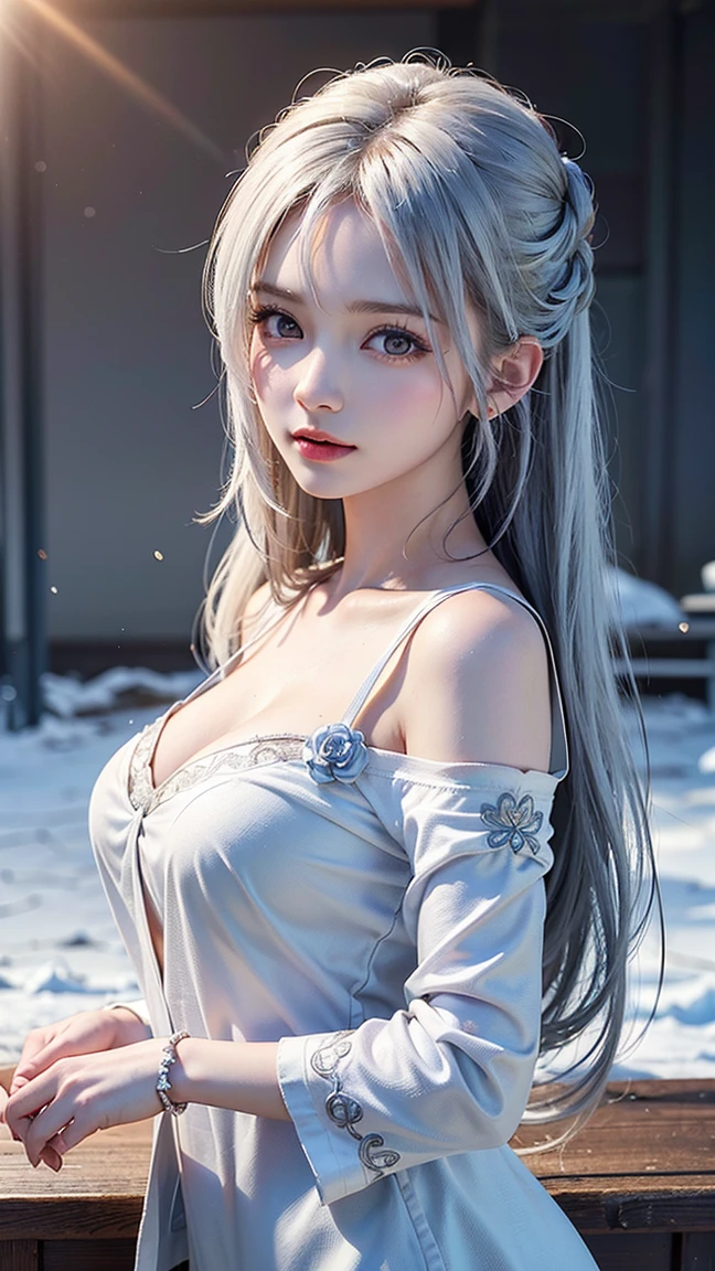 Platinum Blonde Fine Hair、(silver-white hair:1.5), (snow-white hair:1.1), (Silver eyes:1.1), Super long silky straight hair, Bangs on the face and eyes, (Gray big eyes:1.1), Sheer White And Wet Nightgown Snow White Summer Dress, Nordic Youth, Perfect bodies, Very nice and cute, White muscles, Glowy skin, Youthful and beautiful skin, Perfect Beautiful Little Face Makeup, thin pink lips, Vivid expression、1 -yeld gi advertisement, Misleading、{Smoke}、Viewer's vision, The perspective of a bokeh atmosphere, more detailed, cinema light, intricately-detailed, hight resolution, Detailed features of the face design, High Details, Clear Focus, smoothness, aesthetics, printed, octans, {{tmasterpiece}}.