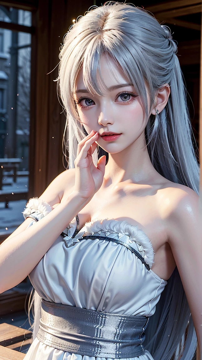 Leaning against the window, sad, Silver Hair, Hair bangs, Cat Ear Headband, Shiny Hair, Skin pores, Glowing Skin, naked, In the room, Rain outside the window, night, Lovely, beautiful