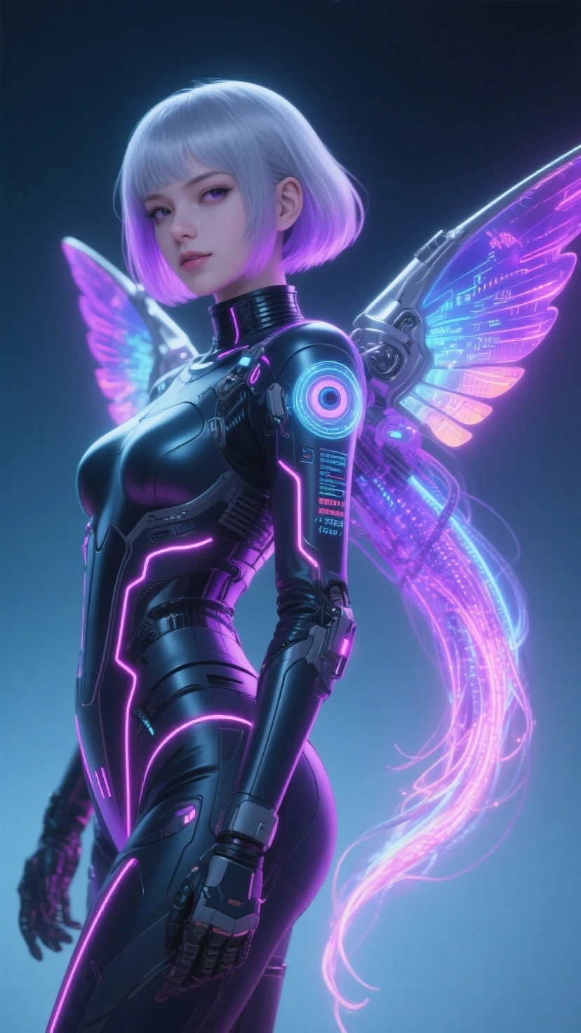 top-quality、masterpiece、超A high resolution、(Photorealsitic:1.4)、Raw photo、Steampunk Battle Cyborg Angel、large wings made of metal、White porcelain body、Acrylic Clear Cover、white hair、glowy skin、1 Cyborg Girl、((super realistic details))、portlate、globalillumination、Shadow、octan render、8K、ultrasharp、character edge light,Colossal tits、Raw skin is exposed in cleavage、Details of complex ornaments、Sumerian details、Hydraulic cylinder、Small LED lamp、highly intricate detail、Realistic light、a purple eye、radiant eyes、Facing the camera、neon details、cowboy shot、Futuristic headgear、About Cyberpunk、、
