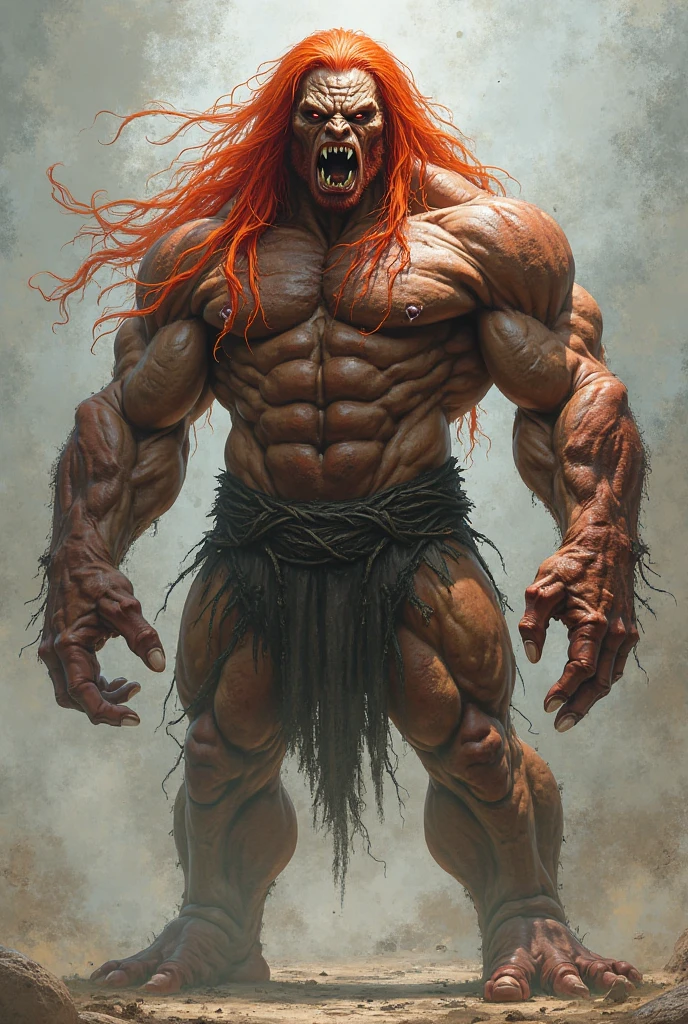 A creature, bodybuilder,long red hair, danger teeth, long vampire teeth, orange eyes ,stand on front of mountain , background sky , seen a sky ,shouting pose ,hand is a back side