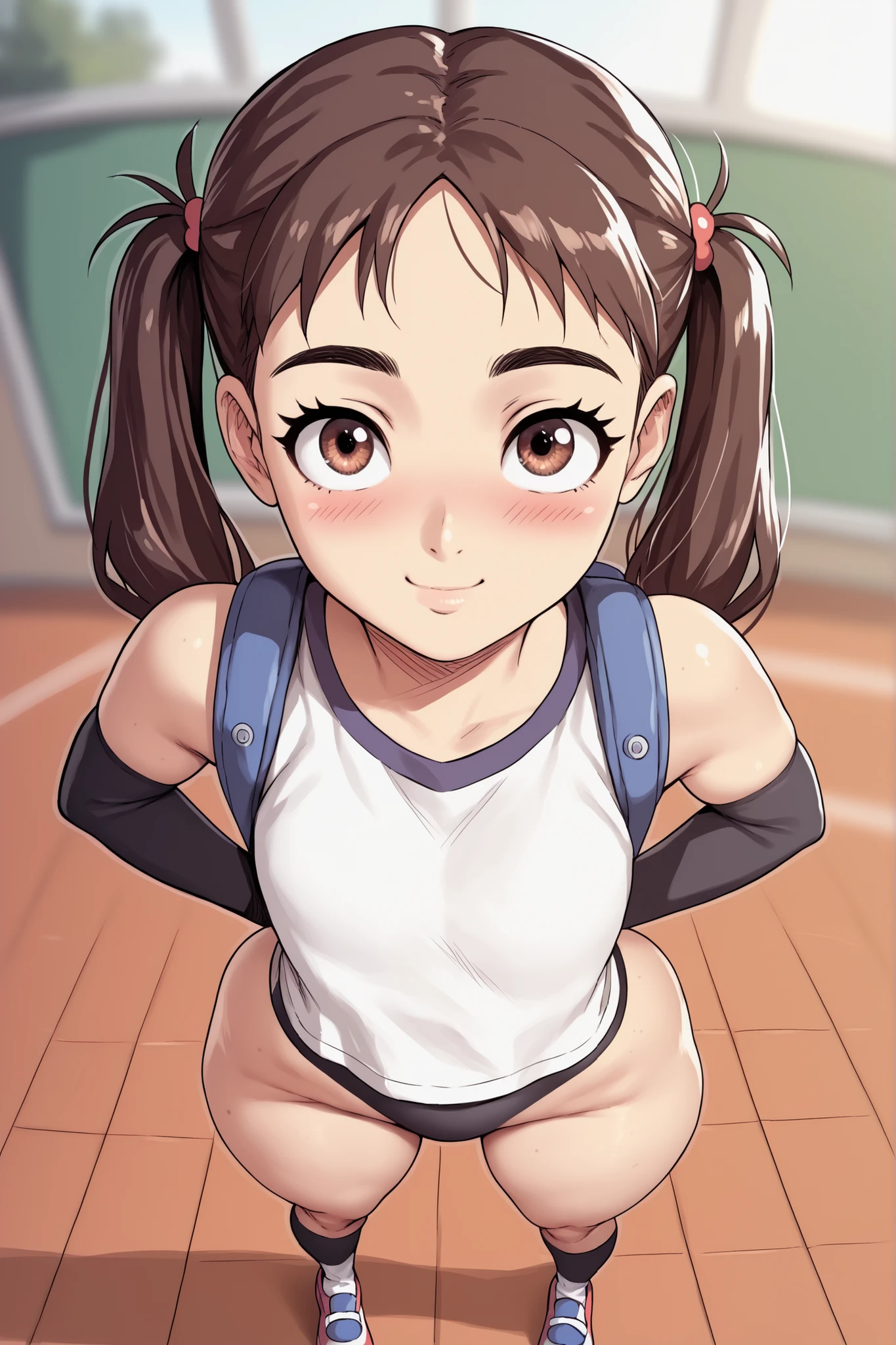 ((best quality)), ((masterpiece)), ((detailed)), (((perfect face))), (((18yo woman))), (((medium breasts))), ((((bikini bottom)))), ((dark brown hair)), ((short ponytail)), (((blue eyes))), (((shy:1.2))), (((blushing:1.5))), (((bare arms))), (((bare shoulders))), (((bare stomach))), (((bare thighs))), (((exterior sports courts))), (((standing))), (((((topless))))), (((bare chest))), ((standing)), (((girl looking away))), (((rear view)))