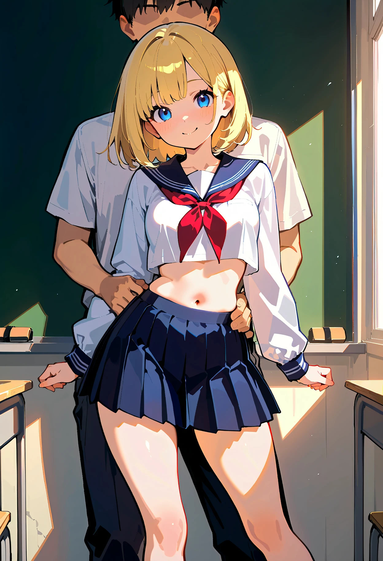 (masterpiece:1.2、Highest quality、masterpiece)、(1st grade elementary school student:1.6)、(Short girl:1.3),(Flat Chest),alone、classroom、Day、stand、blonde、ponytail、blue eyes、(Completely naked:1.4)、(Whitening:1.4)、(Small breasts:1.3),Sweaty、Hair Ribbon、Round 1、blush、(Boy has sex from behind:1.5)、(Ahegao:1.2)、(tongue:1.2),(Put your hands around the boy's neck:1.5),(hug:1.5),(Boy lifts up girl:1.5),(Tears of joy:1.2)