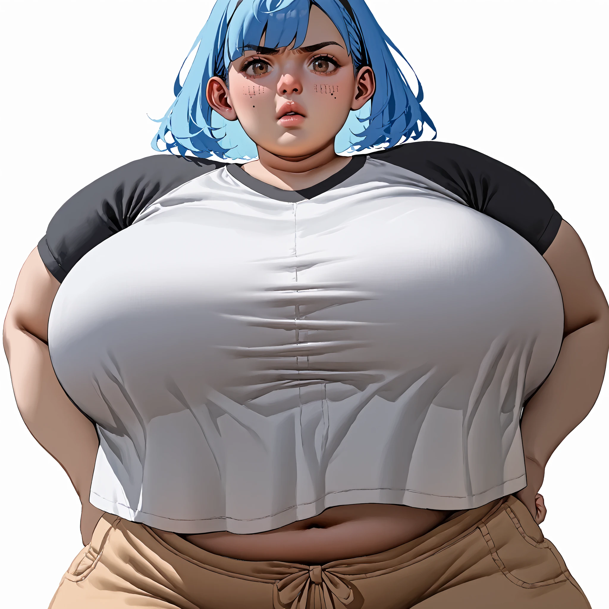 abstruct, 1girl, solo, white skin, bluehead bob-cut, ((detailed face)), ((beautiful face)), (tank top, midriff, low-waist jeans:1.6), looking at viewer, anime, blushing, embarrassed, (WeightImmobile:1.3), (obese:1.2) (round face:1.3), huge belly, wide hips, from below, AS-MidAged, legs spread, muffin top, pudgy, sweat